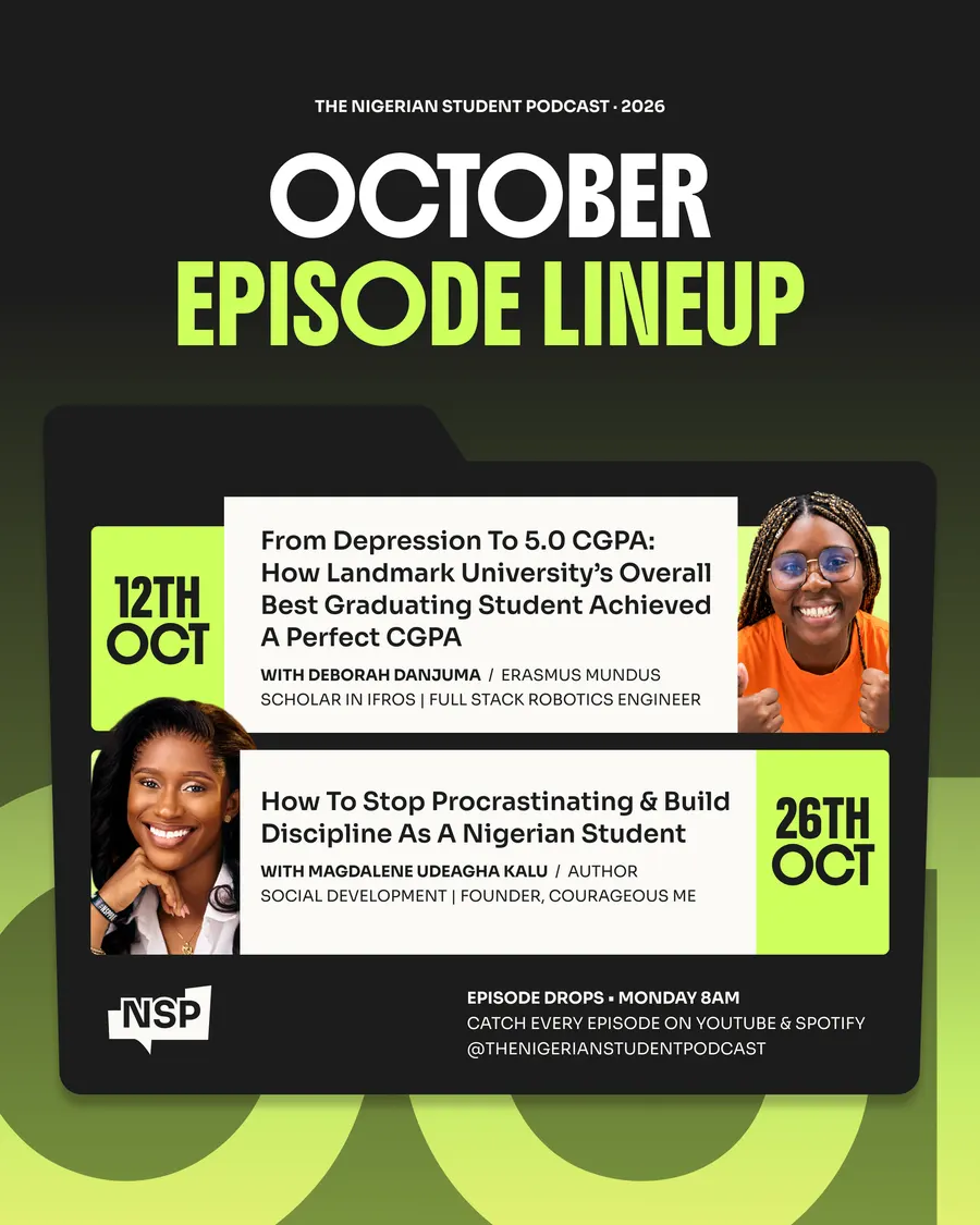 NSP's October 2026 episode lineup flier: Deborah Danjuma on 12 October and Magdalene Udeagha Kalu on 26 October