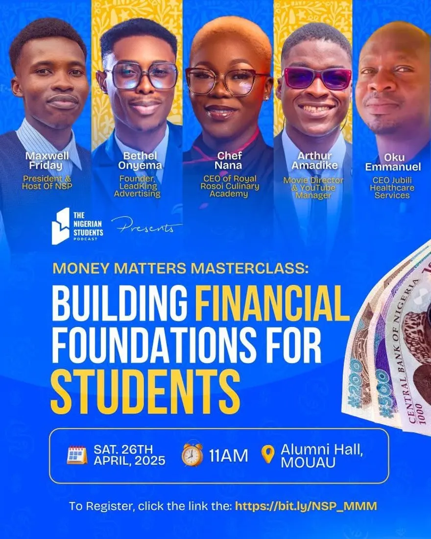 Flier: Money Matters Masterclass, Building Financial Foundations for Students, 26 April 2025, 11am, Alumni Hall, MOUAU